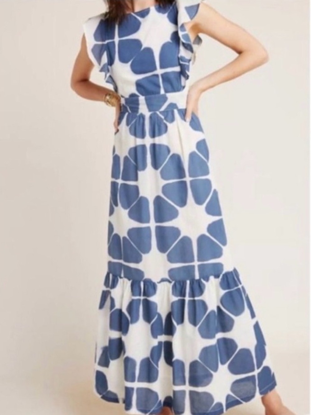 Anthropologie The Odells Seville Maxi Dress Blue Cream Cotton Ruffle Small